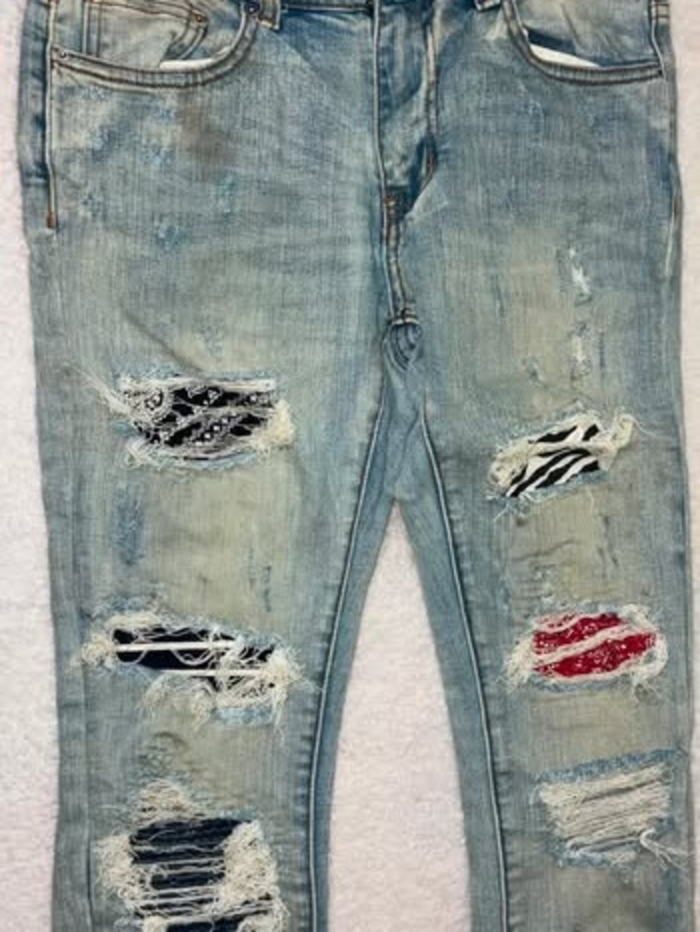 MNML Light Blue Distressed Slim Jeans with Patch Details